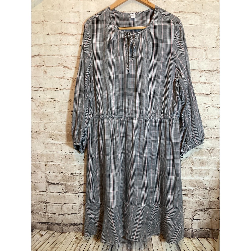 Old Navy Midi Dress Womens XL Gray Plaid Check Tie Neck Flowy Long Sleeve